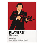 Scarface Tony Montana in a dark suit against the film's stark black-white-red Miami imagery Icon Frame artwork on white