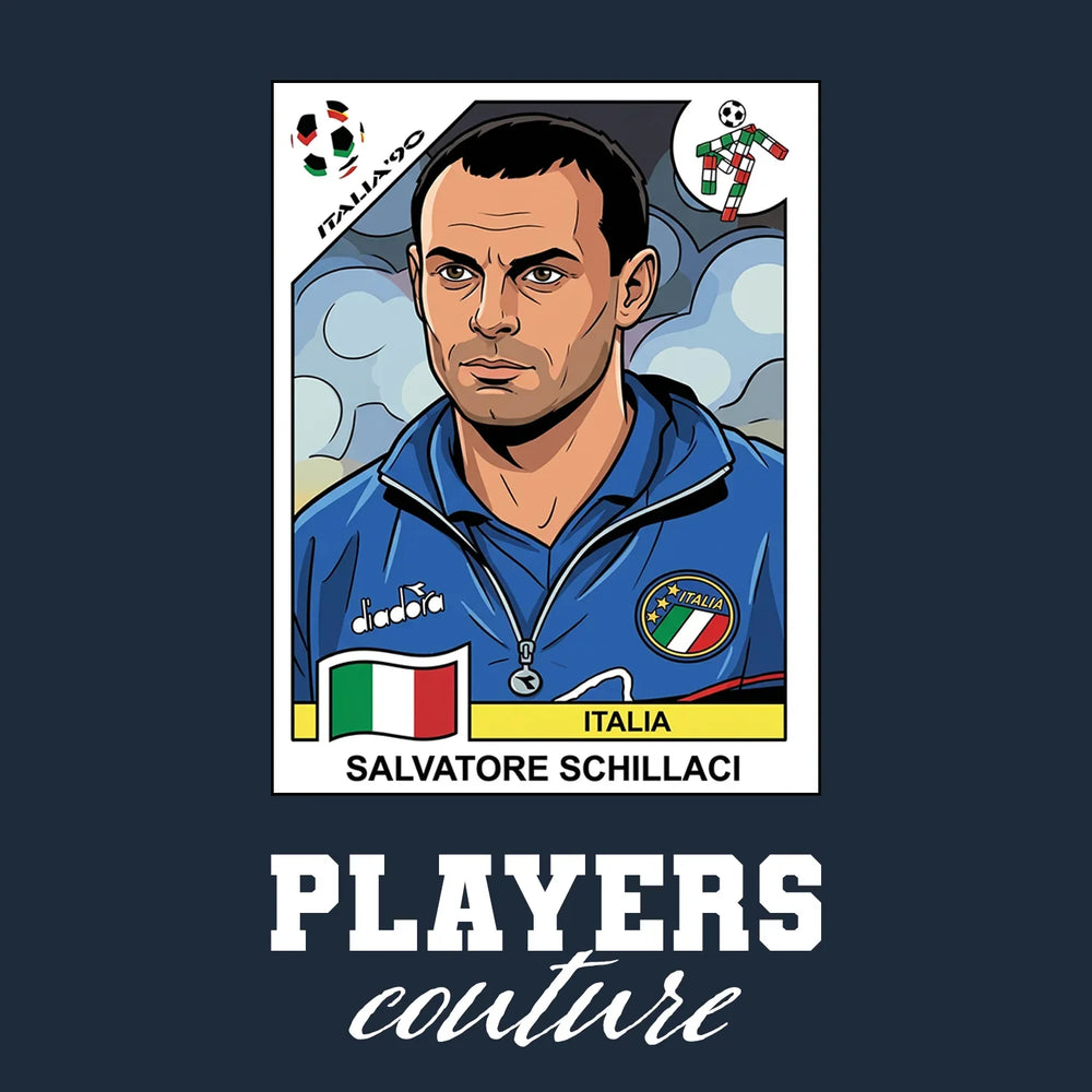 Salvatore Schillaci World Cup Sticker Men's T-Shirt – navy close-up detail shot of the Salvatore Schillaci World Cup Players