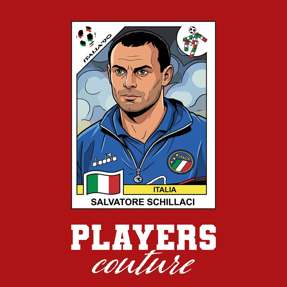 Salvatore Schillaci World Cup Sticker Men's T-Shirt – red close-up detail shot of the Salvatore Schillaci World Cup Players