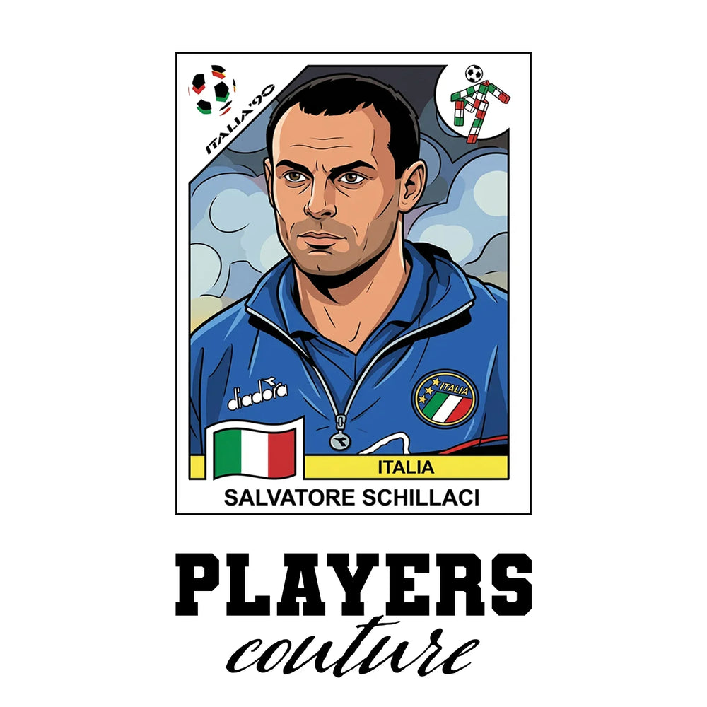Salvatore Schillaci World Cup Sticker Men's T-Shirt – white close-up detail shot of the Salvatore Schillaci Players Couture