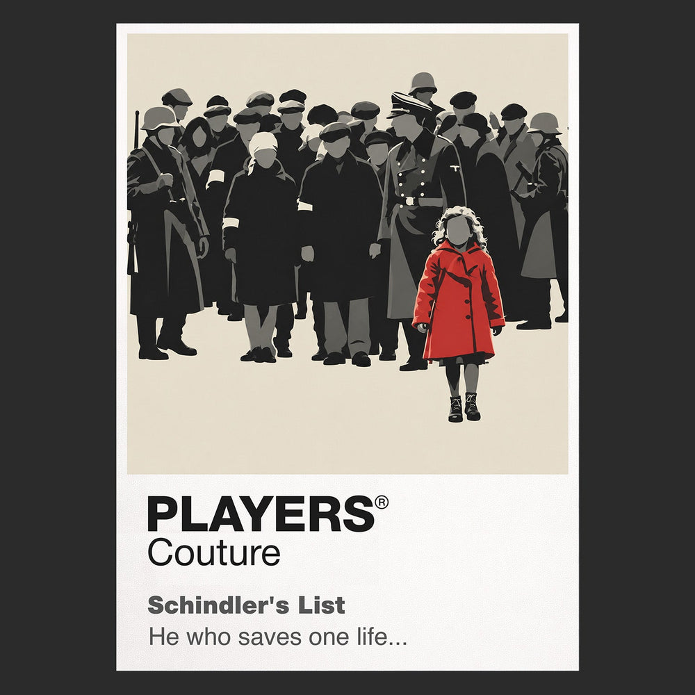 Schindler's List Oskar Schindler's black-and-white silhouette and the film's restrained red-coat motif Icon Frame artwork in black