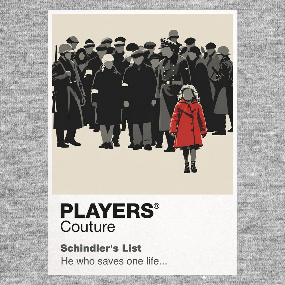 Schindler's List Oskar Schindler's black-and-white silhouette and the film's restrained red-coat motif Icon Frame artwork in grey