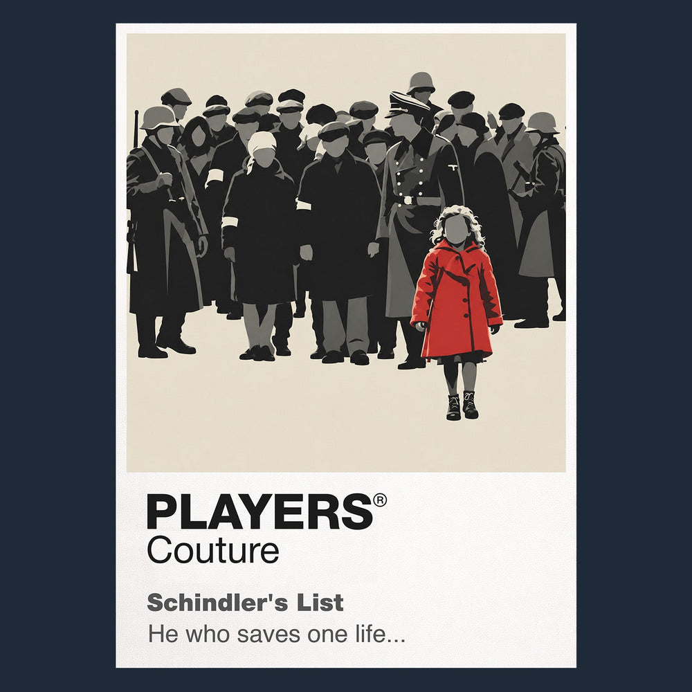 Schindler's List Oskar Schindler's black-and-white silhouette and the film's restrained red-coat motif Icon Frame artwork in navy