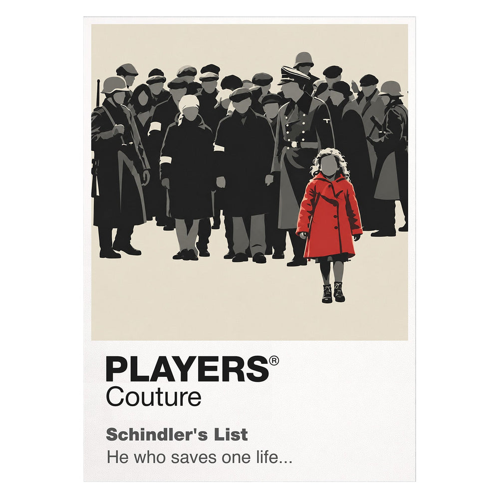 Schindler's List Oskar Schindler's black-and-white silhouette and the film's restrained red-coat motif Icon Frame artwork on white