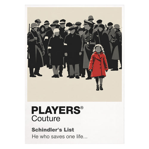 Schindler's List Oskar Schindler's black-and-white silhouette and the film's restrained red-coat motif Icon Frame artwork on white