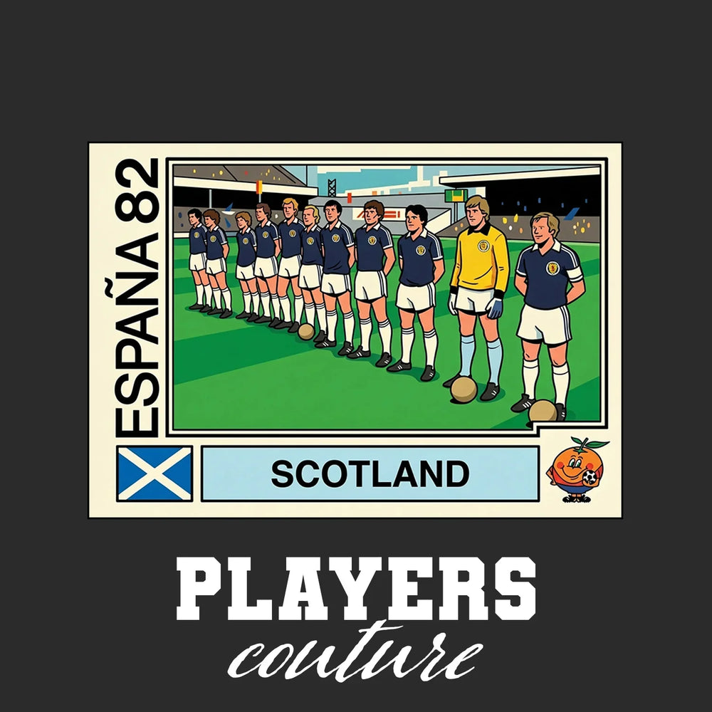 Scotland 1982 World Cup Sticker Men's T-Shirt – black close-up detail shot of the Scotland 1982 World Cup Players Couture