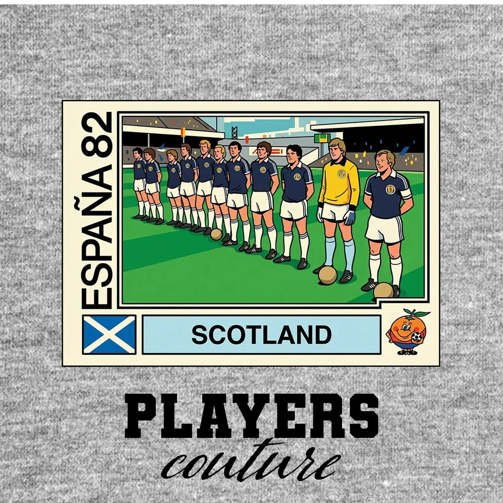 Scotland 1982 World Cup Sticker Men's T-Shirt – grey close-up detail shot of the Scotland 1982 World Cup Players Couture