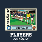 Scotland 1982 World Cup Sticker Men's T-Shirt – navy close-up detail shot of the Scotland 1982 World Cup Players Couture
