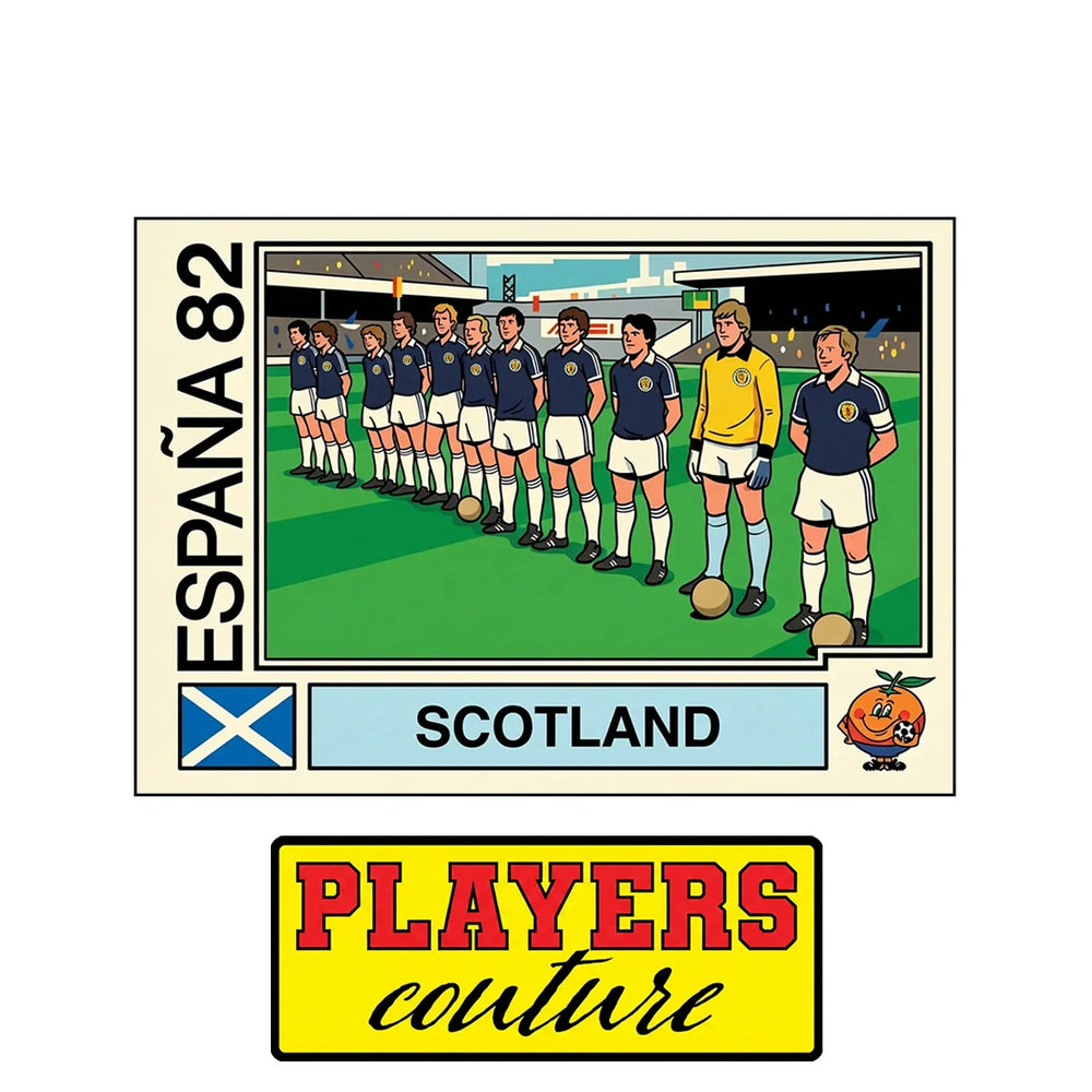 Scotland 1982 World Cup Sticker Men's T-Shirt – close-up detail shot of the Scotland 1982 World Cup Players Couture logo