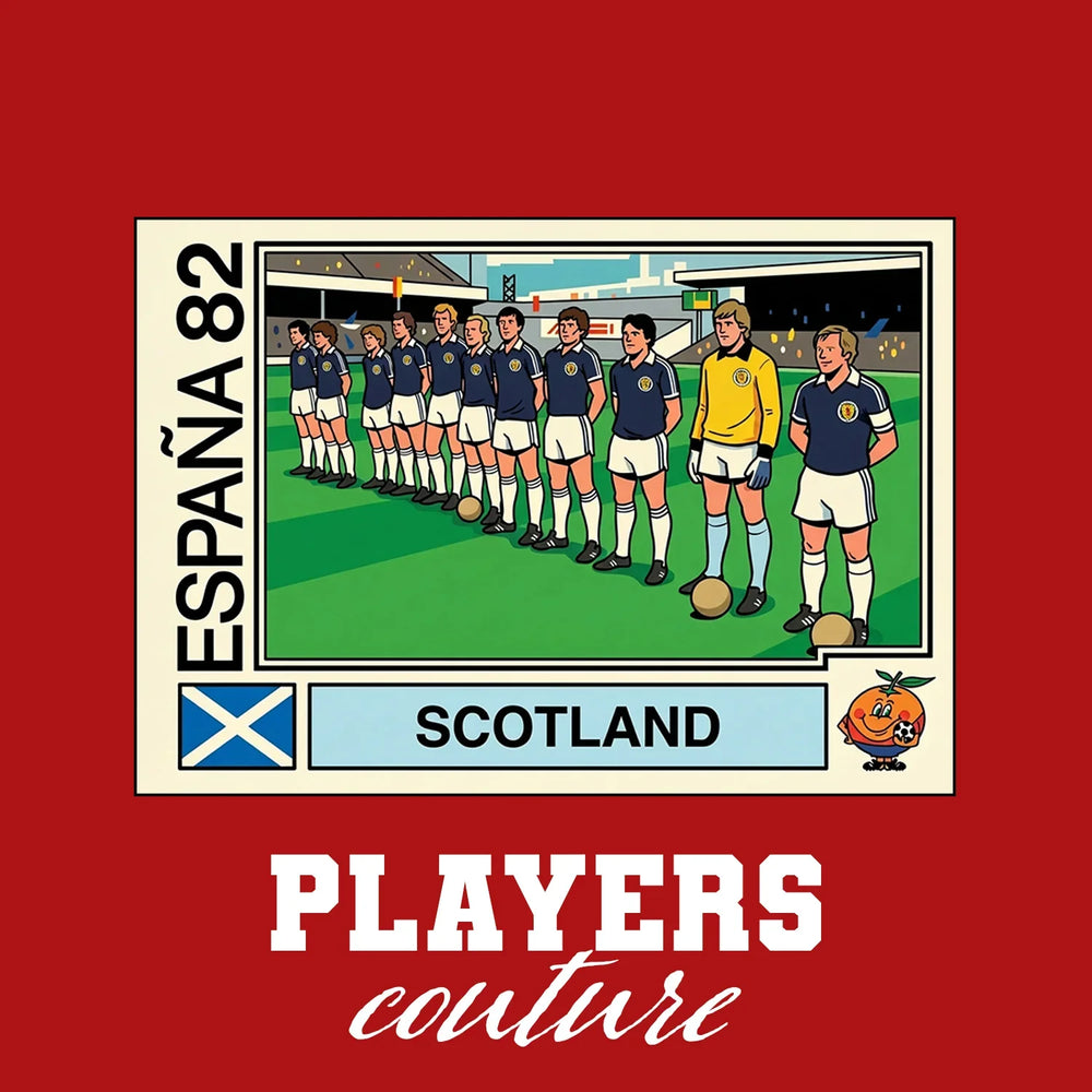 Scotland 1982 World Cup Sticker Men's T-Shirt – red close-up detail shot of the Scotland 1982 World Cup Players Couture logo