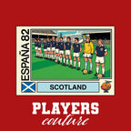 Scotland 1982 World Cup Sticker Men's T-Shirt – red close-up detail shot of the Scotland 1982 World Cup Players Couture logo