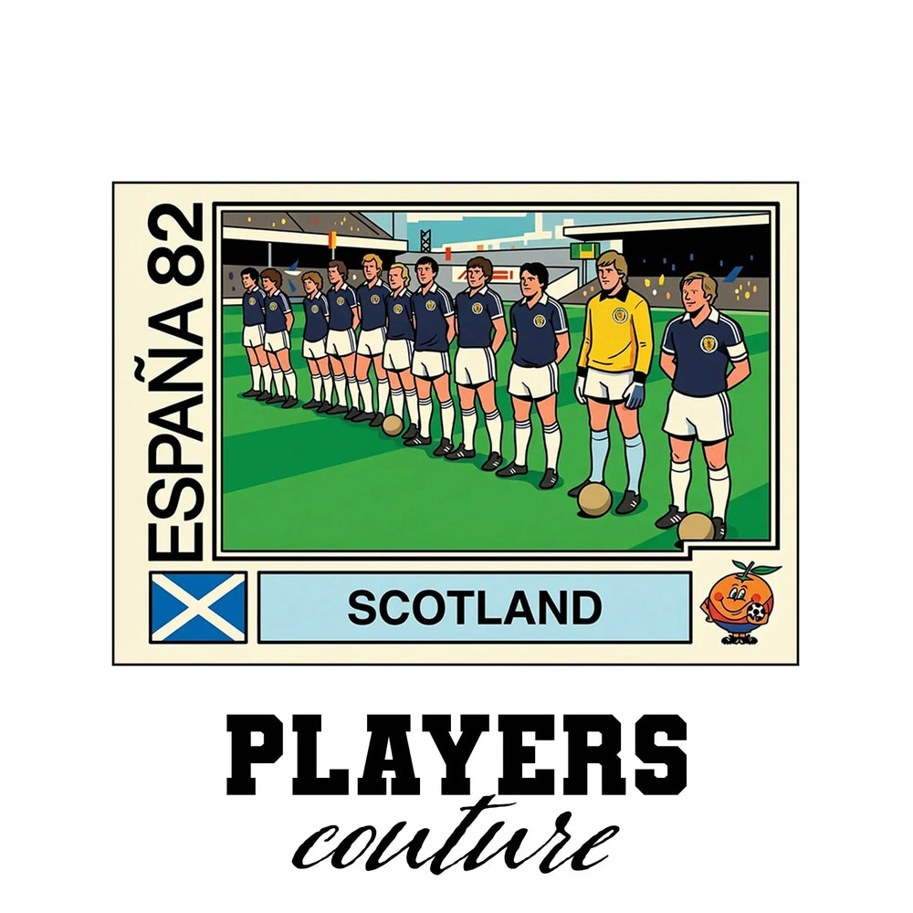 Scotland 1982 World Cup Sticker Men's T-Shirt – white close-up detail shot of the Scotland Players Couture logo design