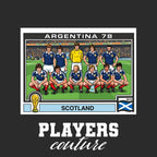Scotland 1986 World Cup Sticker Men's T-Shirt – black close-up detail shot of the Scotland 1986 World Cup Players Couture