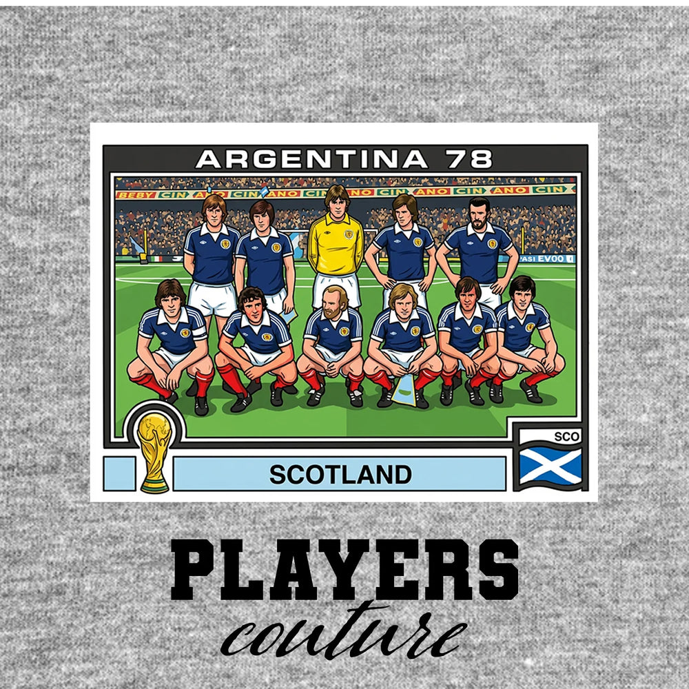Scotland 1986 World Cup Sticker Men's T-Shirt – grey close-up detail shot of the Scotland 1986 World Cup Players Couture