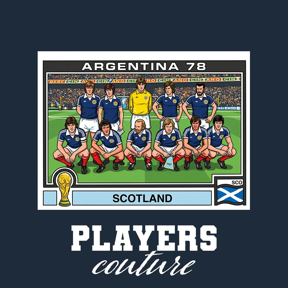 Scotland 1986 World Cup Sticker Men's T-Shirt – navy close-up detail shot of the Scotland 1986 World Cup Players Couture