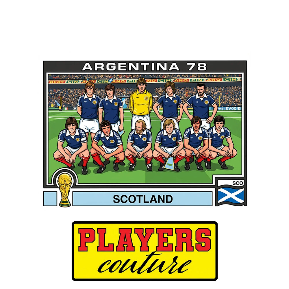 Scotland 1986 World Cup Sticker Men's T-Shirt – close-up detail shot of the Scotland 1986 World Cup Players Couture logo