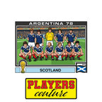 Scotland 1986 World Cup Sticker Men's T-Shirt – close-up detail shot of the Scotland 1986 World Cup Players Couture logo