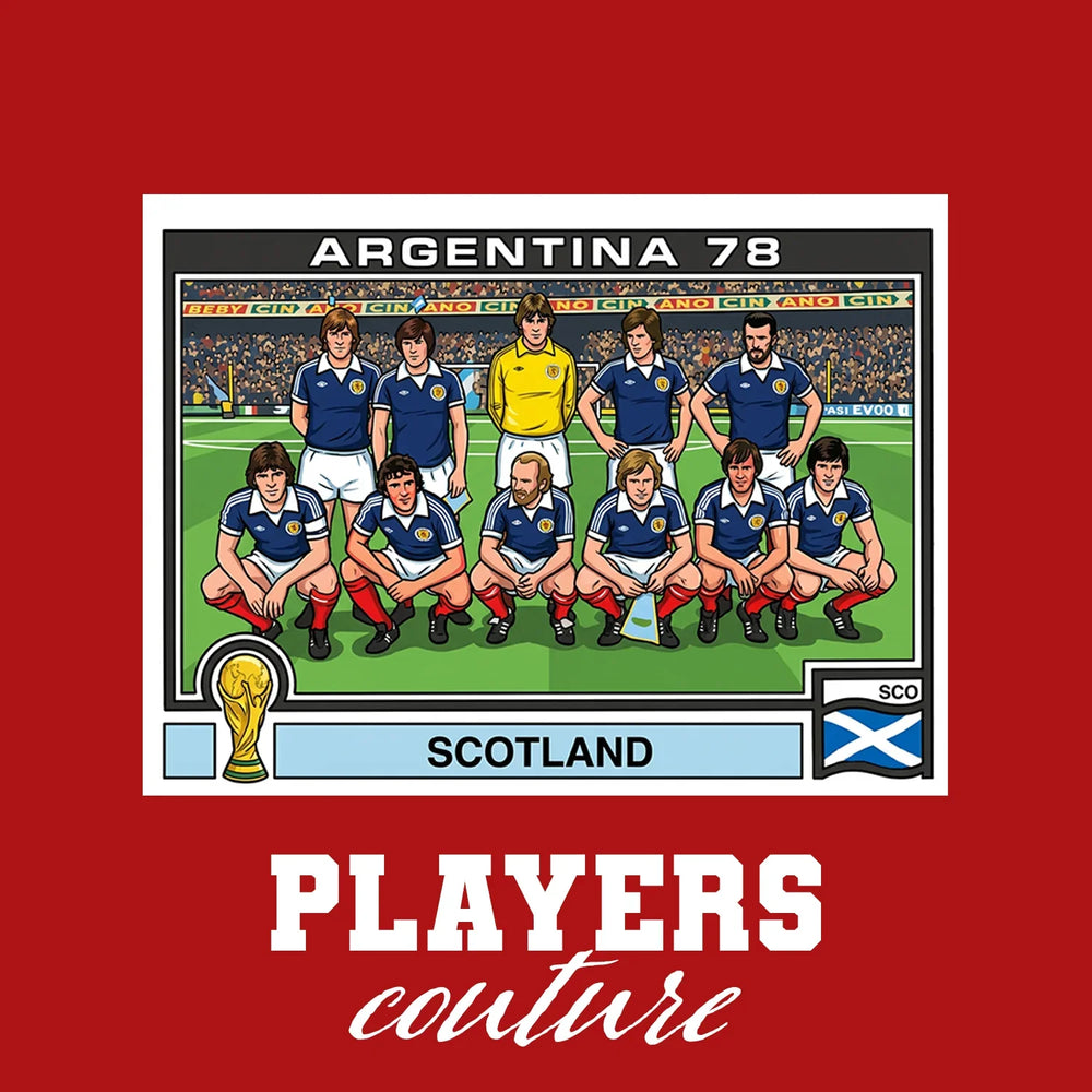 Scotland 1986 World Cup Sticker Men's T-Shirt – red close-up detail shot of the Scotland 1986 World Cup Players Couture logo
