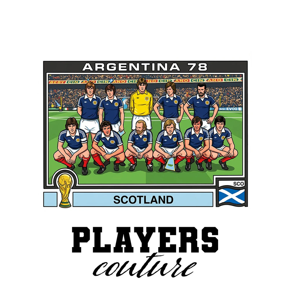 Scotland 1986 World Cup Sticker Men's T-Shirt – white close-up detail shot of the Scotland Players Couture logo design