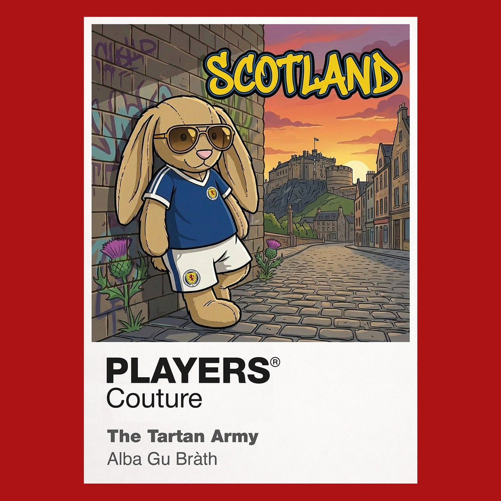 Scotland Football Cool Bunny Men's T-Shirt – Scotland football cool bunny artwork close-up on Red – Players Couture