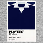 Scotland Classic Football Shirt Colours Frame Men's T-Shirt – grey close-up detail shot of the Scotland Players Couture logo