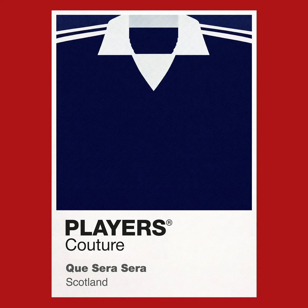 Scotland Classic Football Shirt Colours Frame Men's T-Shirt – red close-up detail shot of the Scotland Players Couture logo