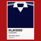 Scotland Classic Football Shirt Colours Frame Men's T-Shirt – red close-up detail shot of the Scotland Players Couture logo