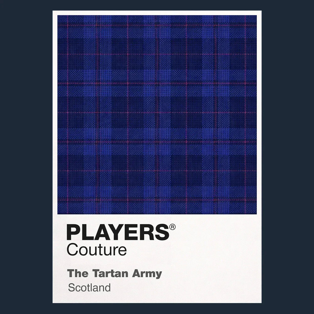 Scotland Tartan Classic Football Shirt Colours Frame Men's T-Shirt – navy close-up detail shot of the Scotland Tartan