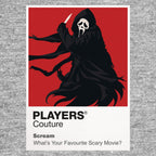 Scream the Ghostface mask and telephone-call silhouette stalking Woodsboro Icon Frame artwork in grey