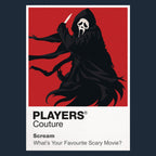 Scream the Ghostface mask and telephone-call silhouette stalking Woodsboro Icon Frame artwork in navy