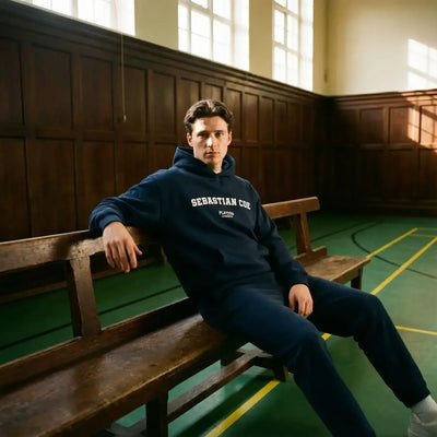 Sebastian Coe hoodie – navy men's hoodie with white Sebastian Coe letters and Players Couture logo on the chest