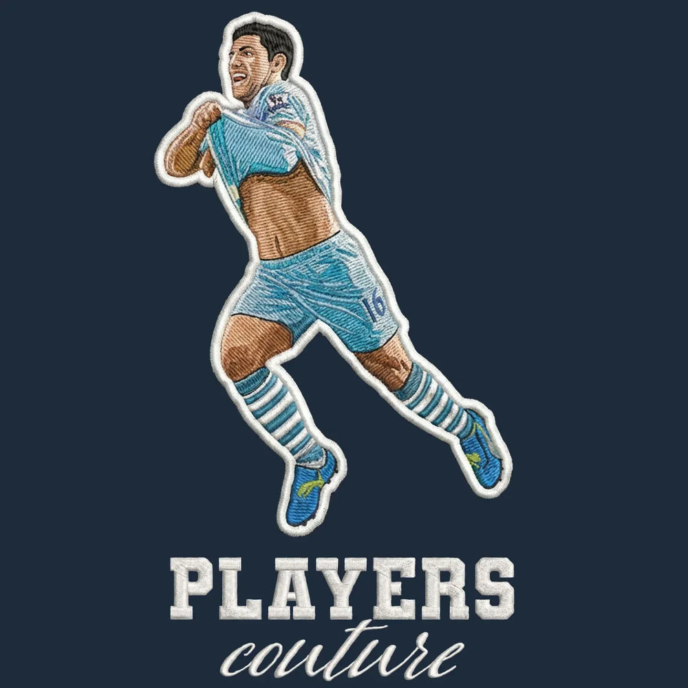 Sergio Aguero Badge Men's Hoodie – navy close-up detail shot of the Sergio Aguero Players Couture logo design