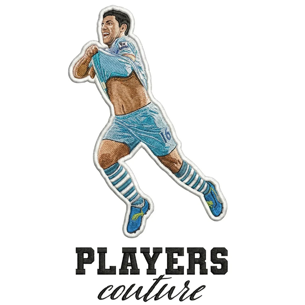 Sergio Aguero Badge Men's Hoodie – white close-up detail shot of the Sergio Aguero Players Couture logo design