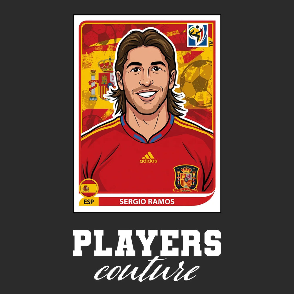 Sergio Ramos World Cup Sticker Men's T-Shirt – black close-up detail shot of the Sergio Ramos World Cup Players Couture logo