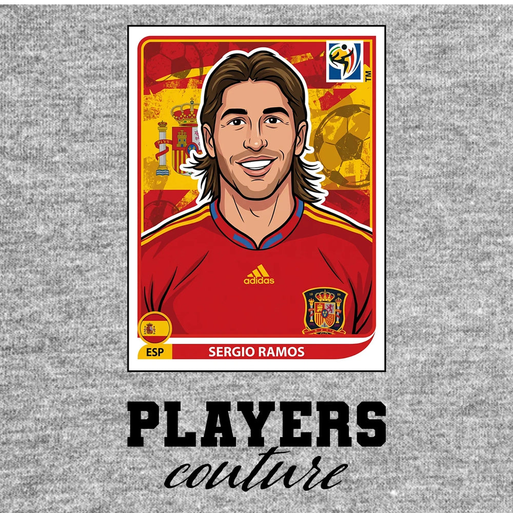 Sergio Ramos World Cup Sticker Men's T-Shirt – grey close-up detail shot of the Sergio Ramos World Cup Players Couture logo
