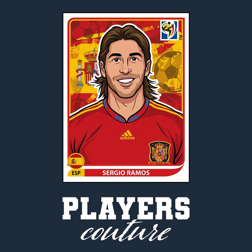 Sergio Ramos World Cup Sticker Men's T-Shirt – navy close-up detail shot of the Sergio Ramos World Cup Players Couture logo