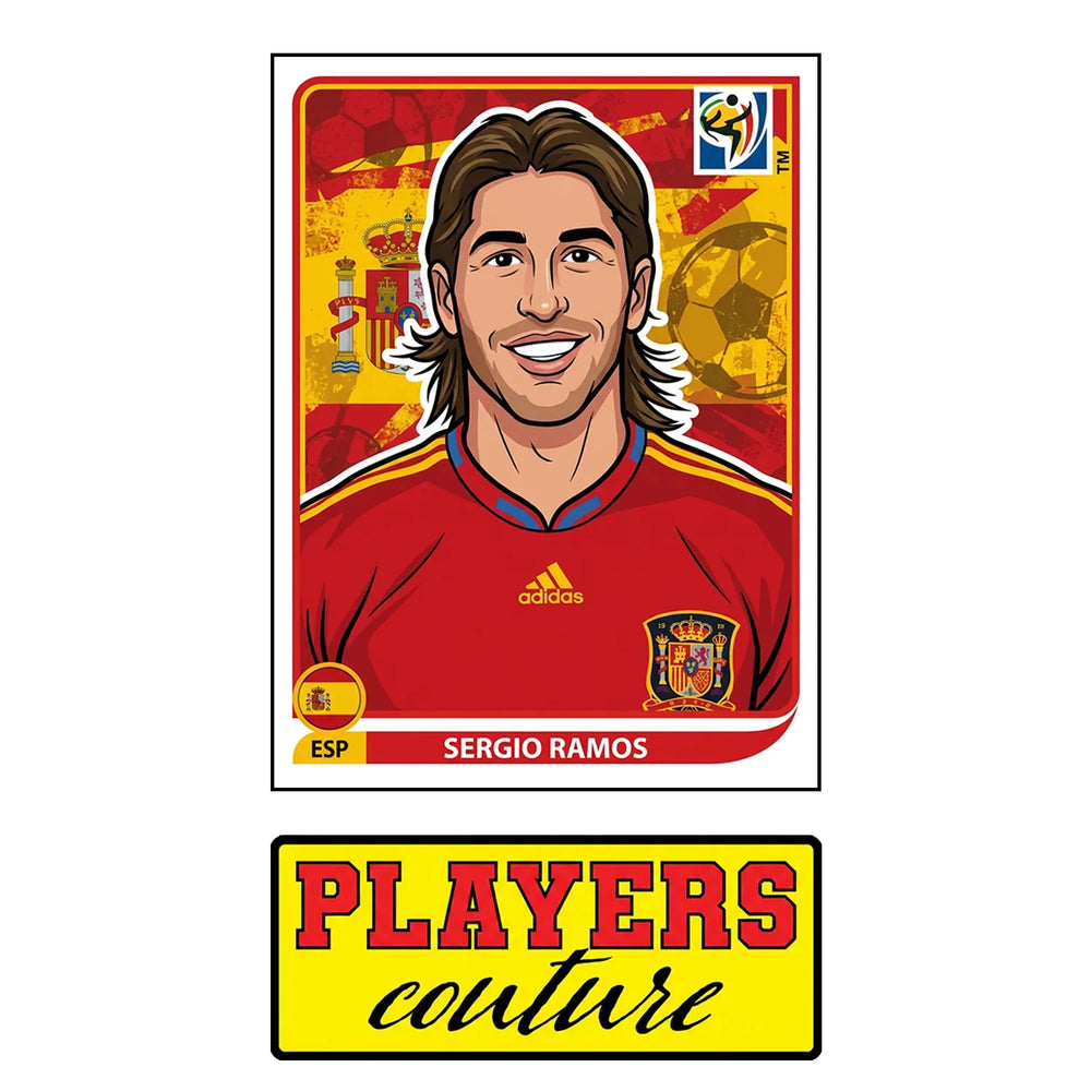 Sergio Ramos World Cup Sticker Men's T-Shirt – close-up detail shot of the Sergio Ramos World Cup Players Couture logo design
