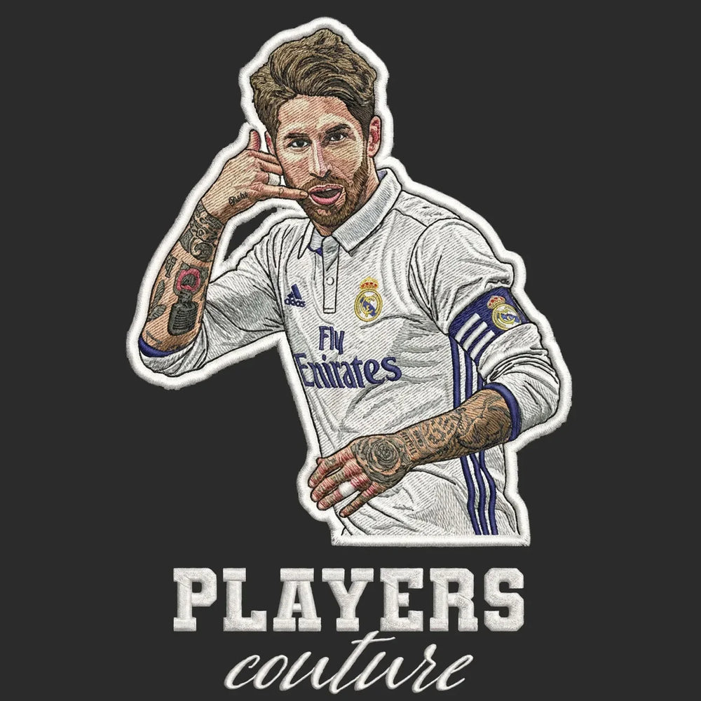 Sergio Ramos Badge Men's Hoodie – black close-up detail shot of the Sergio Ramos Players Couture logo design