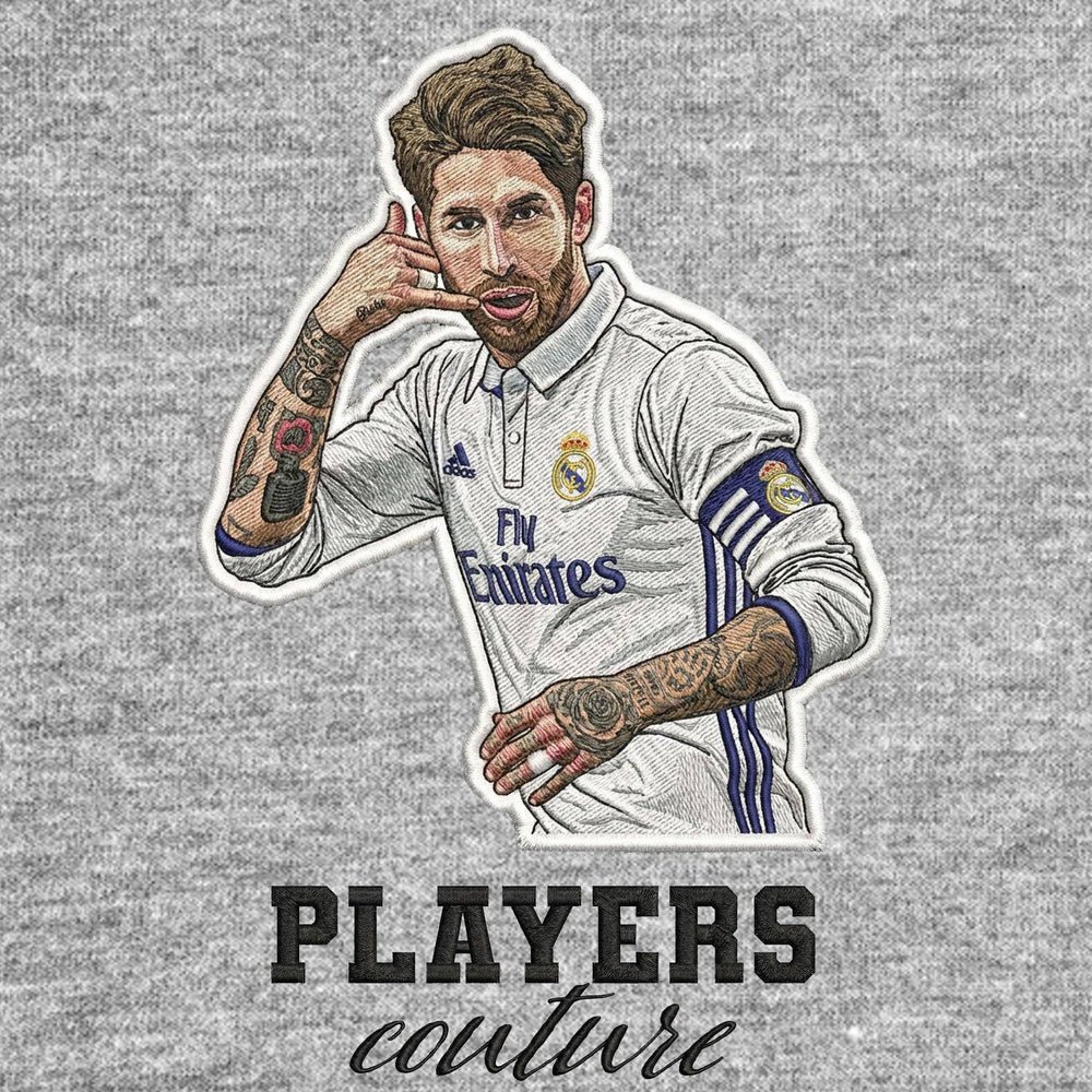 Sergio Ramos Badge Men's Hoodie – grey close-up detail shot of the Sergio Ramos Players Couture logo design