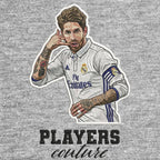 Sergio Ramos Badge Men's Hoodie – grey close-up detail shot of the Sergio Ramos Players Couture logo design