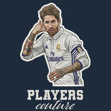 Sergio Ramos Badge Men's Hoodie – navy close-up detail shot of the Sergio Ramos Players Couture logo design