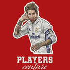 Sergio Ramos Badge Men's Hoodie – red close-up detail shot of the Sergio Ramos Players Couture logo design
