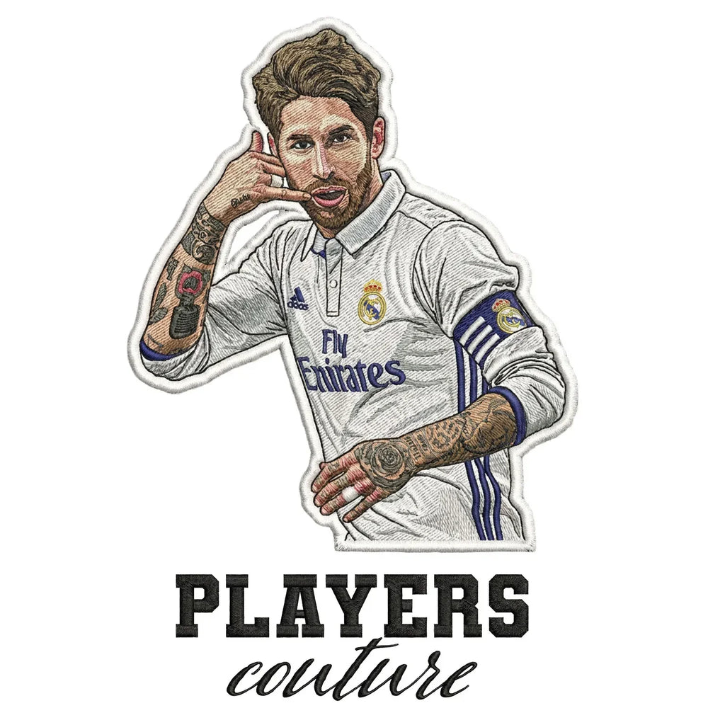 Sergio Ramos Badge Men's Hoodie – white close-up detail shot of the Sergio Ramos Players Couture logo design