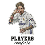 Sergio Ramos Badge Men's Hoodie – white close-up detail shot of the Sergio Ramos Players Couture logo design