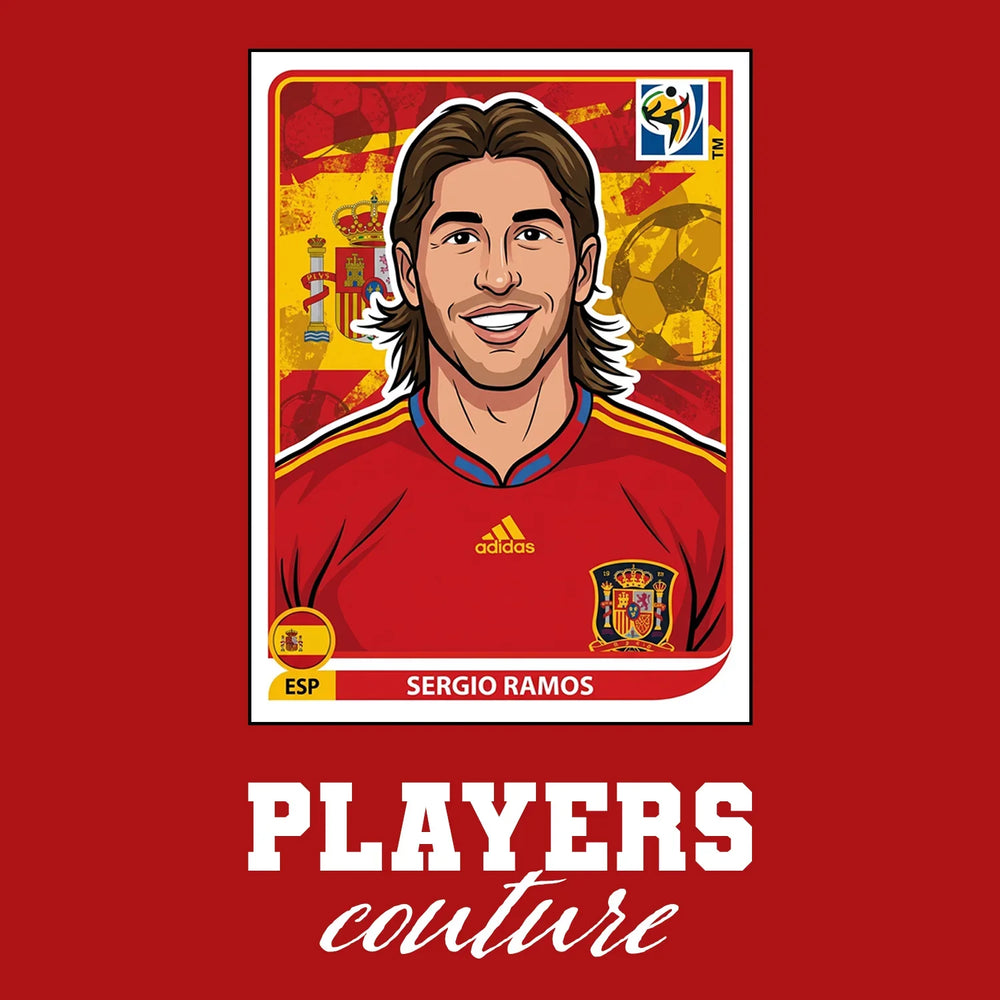 Sergio Ramos World Cup Sticker Men's T-Shirt – red close-up detail shot of the Sergio Ramos World Cup Players Couture logo