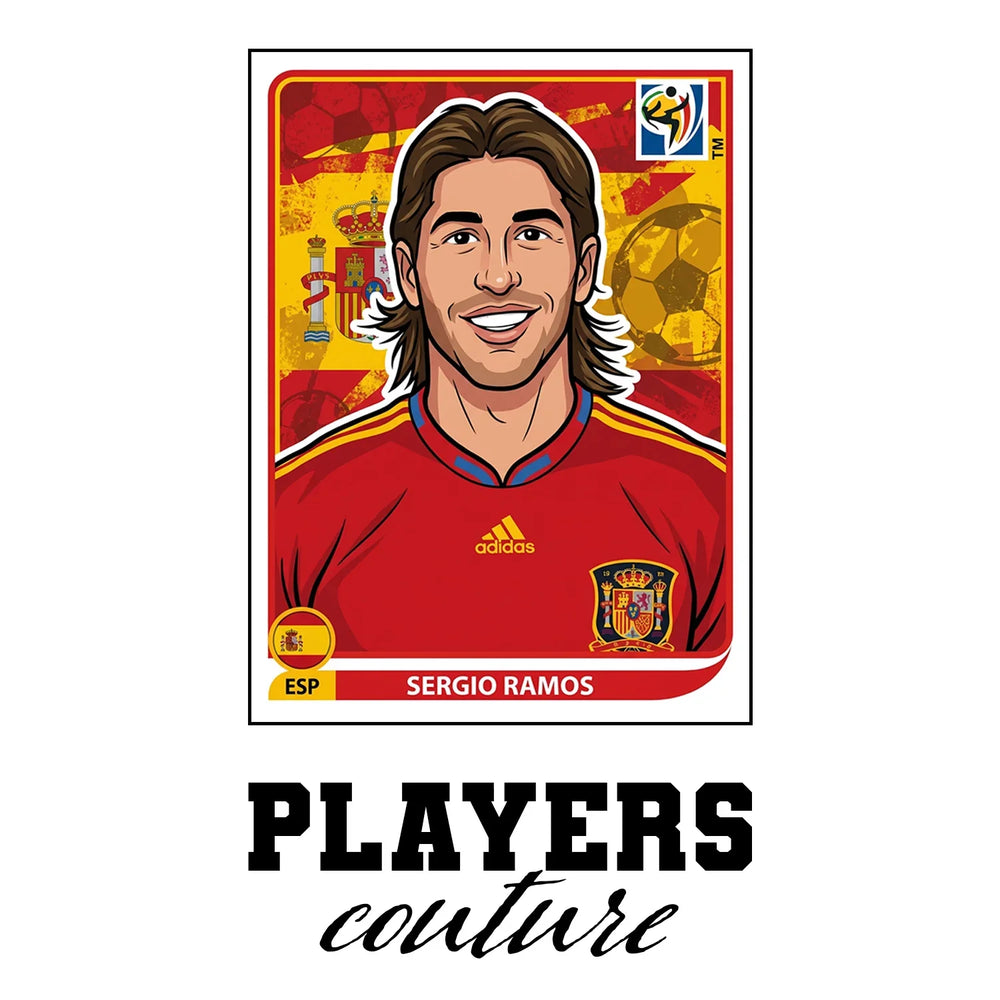Sergio Ramos World Cup Sticker Men's T-Shirt – white close-up detail shot of the Sergio Ramos Players Couture logo design