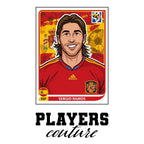 Sergio Ramos World Cup Sticker Men's T-Shirt – white close-up detail shot of the Sergio Ramos Players Couture logo design