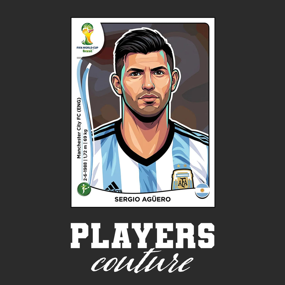 Sergio Aguero World Cup Sticker Men's T-Shirt – black close-up detail shot of the Sergio Aguero World Cup Players Couture