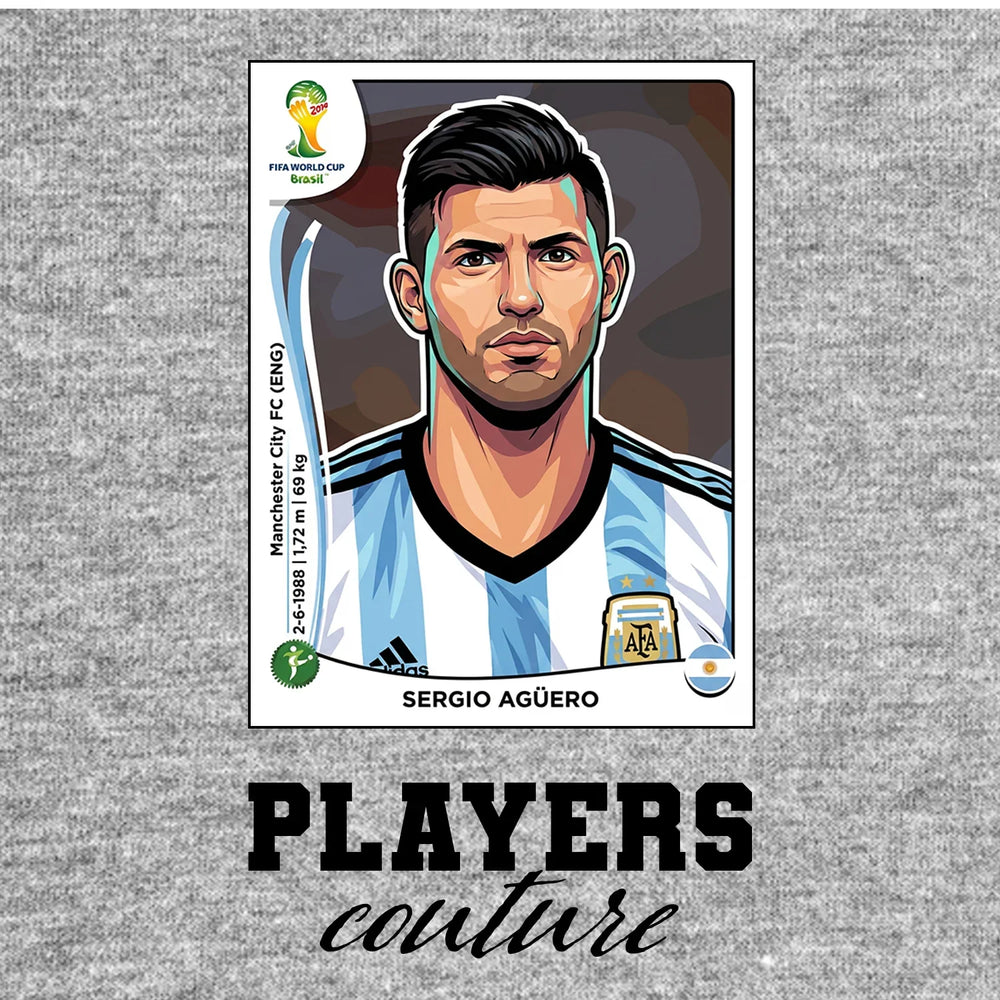 Sergio Aguero World Cup Sticker Men's T-Shirt – grey close-up detail shot of the Sergio Aguero World Cup Players Couture