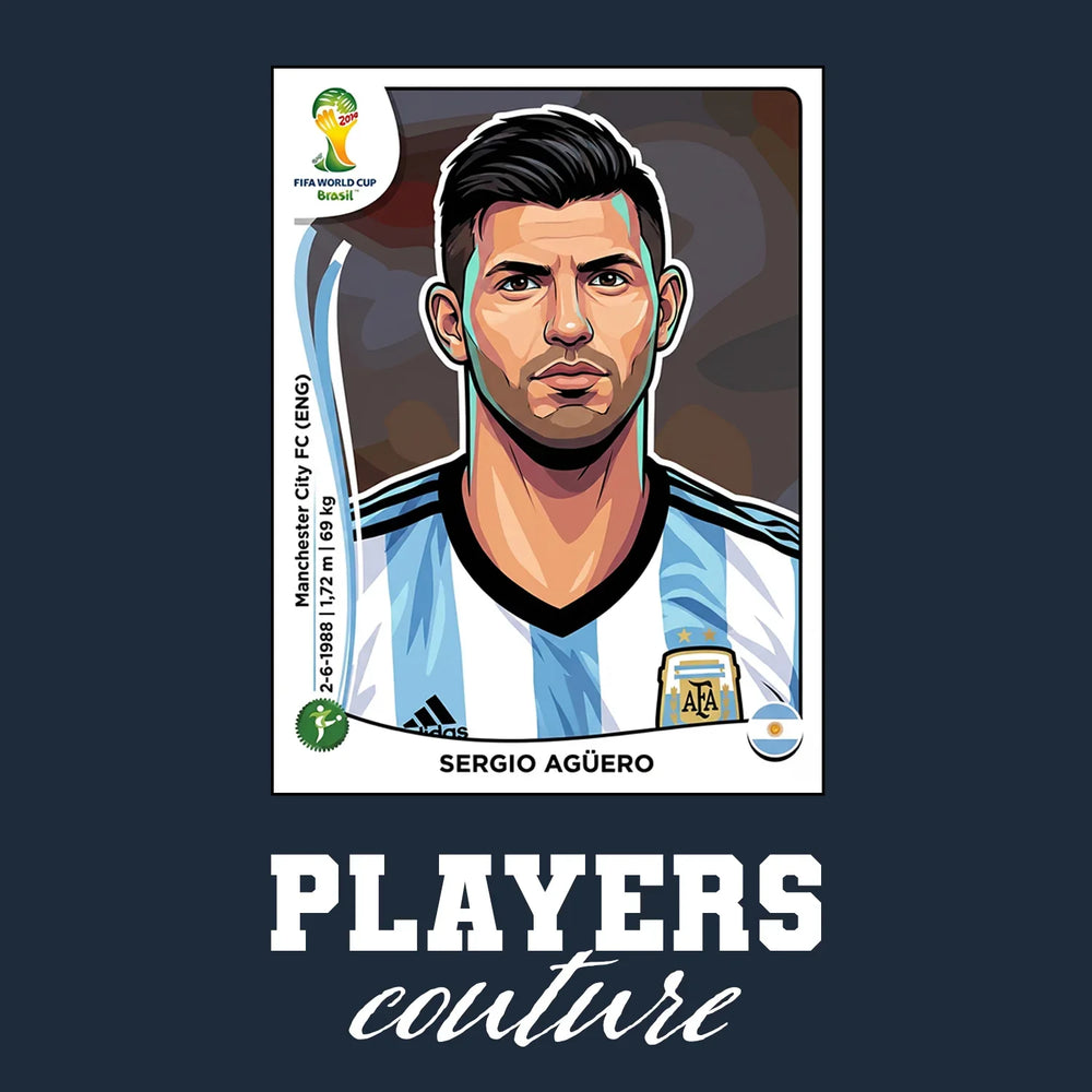 Sergio Aguero World Cup Sticker Men's T-Shirt – navy close-up detail shot of the Sergio Aguero World Cup Players Couture